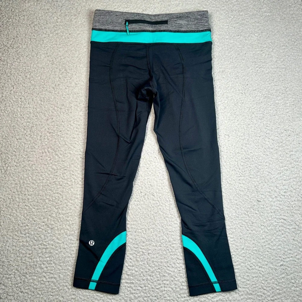 Lululemon Run Inspire Crop II Leggings Womens 4 Black Teal Luxtreme Yoga Gym